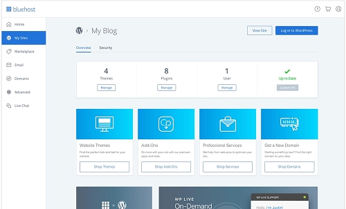 Bluehost WordPress hosting options preview