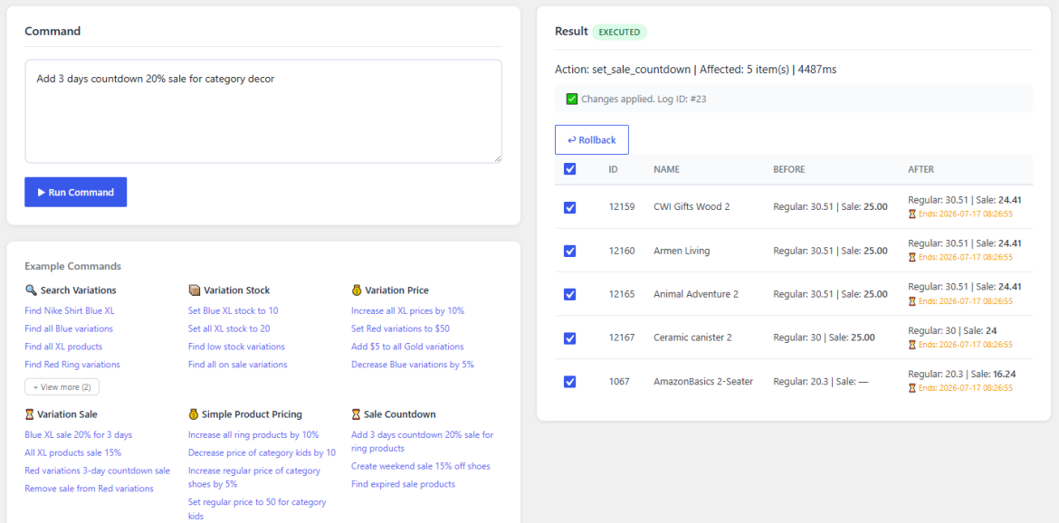 AI Commander for WooCommerce – Dashboard